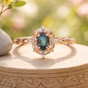 Color Change Alexandrite Engagement Ring, 14K Rose Gold Vermeil, Victorian Style